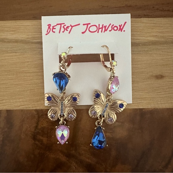 Betsey Johnson Gold Tone Crystal & Butterfly Mismatch Drop Earrings NWT - Picture 1 of 3
